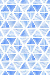 Indigo blue watercolor triangle patterned seamless background