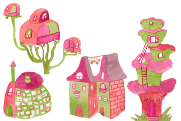 Watercolor Mushroom Houses . a set of Fancy Elements for Design . interesting buildings designed for children . suitable for Fabric, Wallpaper, children's textiles . Doors, windows , pipes , stairs