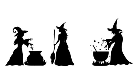 Simple silhouettes of witches who brew a potion in boiler.