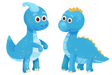 Dinosaurs set, baby animal fantasy fossil animal in cartoon style isolated on white background. Cute dino character, funny monster. Print, baby shower.