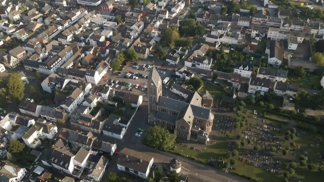 Aerial overhead view of St. Martin (Engers) Catholic Church, Neuwied, Germany