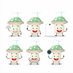 Cartoon character of green amanita with various chef emoticons