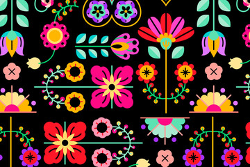 Fototapeta na wymiar Flowers folk art patterned on black background