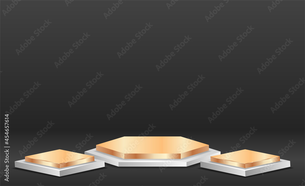 Poster podium empty with geometric shapes in balck and gold composition for modern stage display and minima