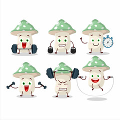 A healthy green amanita cartoon style trying some tools on Fitness center