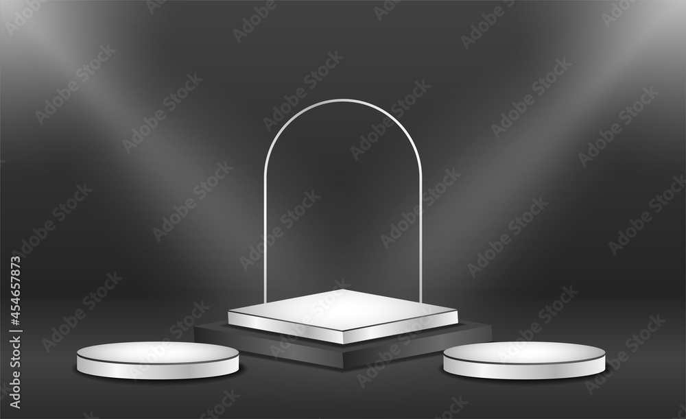 Poster mockup of blank template layout of stage illuminated by spotlights. 3d render illustration. scene is