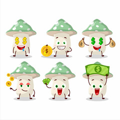 Green amanita cartoon character with cute emoticon bring money