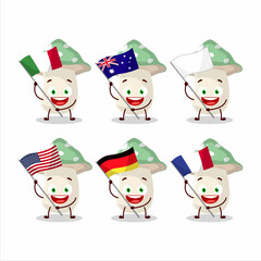 Green amanita cartoon character bring the flags of various countries
