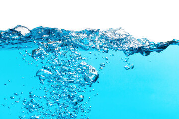 Pure Blue Water Splash with Air Bubbles on White Background. 