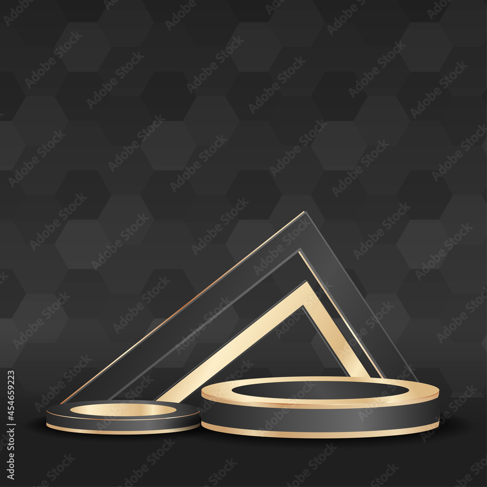 Poster podium empty with geometric shapes in balck and gold composition for modern stage display and minima