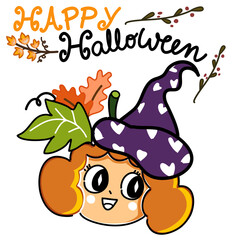 Happy Halloween cute pumpkin girl with witches hat cartoon card and banner hand drawn vector