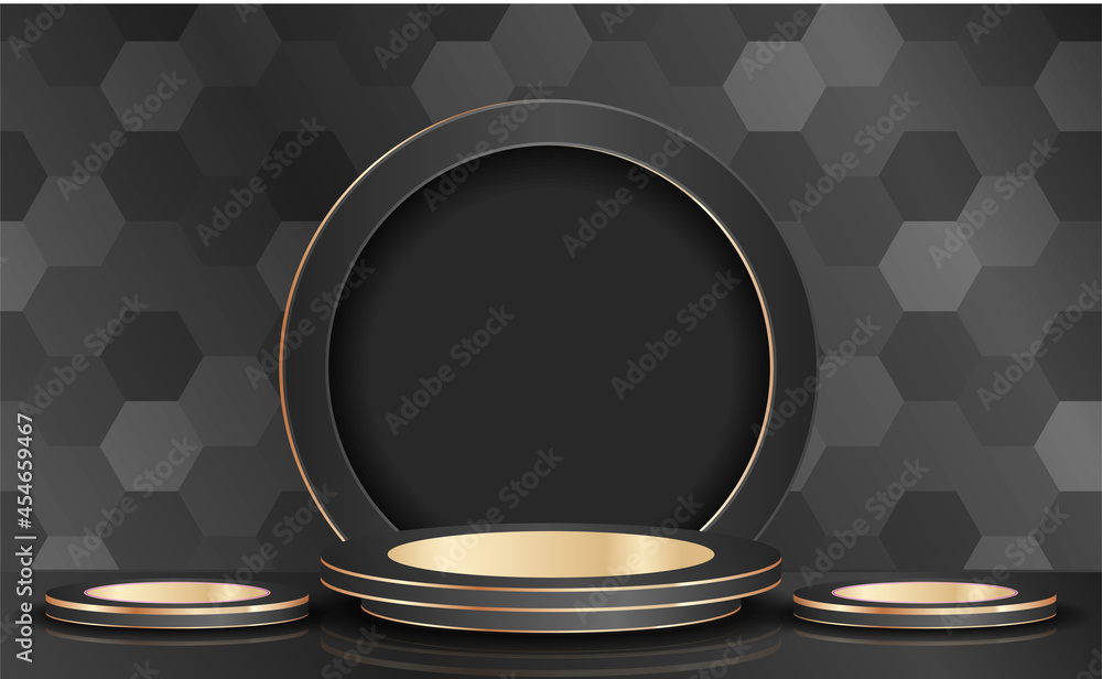 Poster podium empty with geometric shapes in balck and gold composition for modern stage display and minima