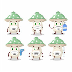 A picture of green amanita cartoon design style keep staying healthy during a pandemic