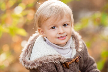 portrait of a little blond boy in a knitted sweater in autumn. High quality photo