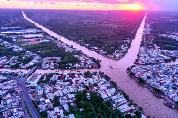 Ariel above Nga Bay city in Mekong delta
