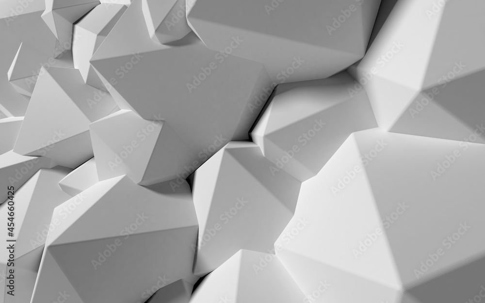 Poster abstract background with white 3d shapes flying in the light as a messy array or chaotic structure f