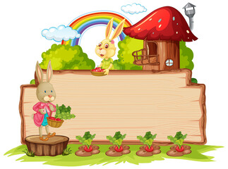 Empty wooden board with two rabbits in the garden isolated