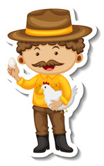 Sticker template with a farmer man holding a chicken isolated