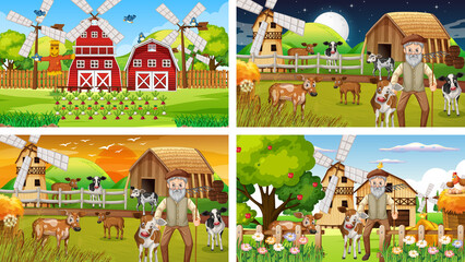 Different farm scenes with old farmer and animal cartoon character