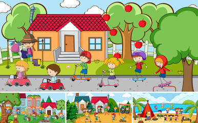 Fototapeta na wymiar Outdoor scene set with many kids doodle cartoon character