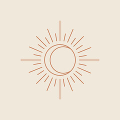 Moon inside the sun vector modern celestial linear style on beige background