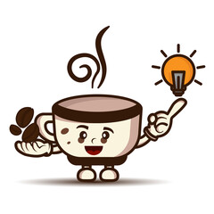 Illustration cartoon character cute coffee cup with light bulb . illustration flat style. Suitable for coffee product promotion, prints design, children t shirt etc. design template vector