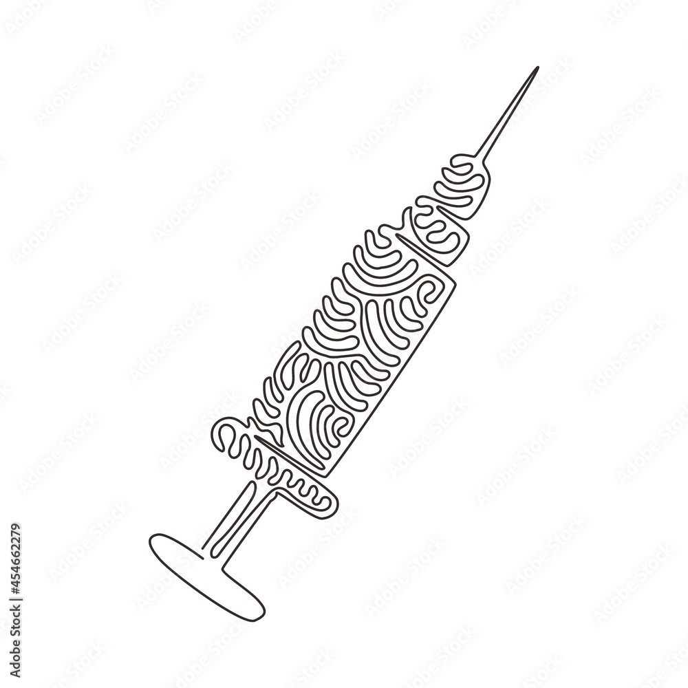 Poster single continuous line drawing injection syringe line icon. injection medical logo. vaccine and medi