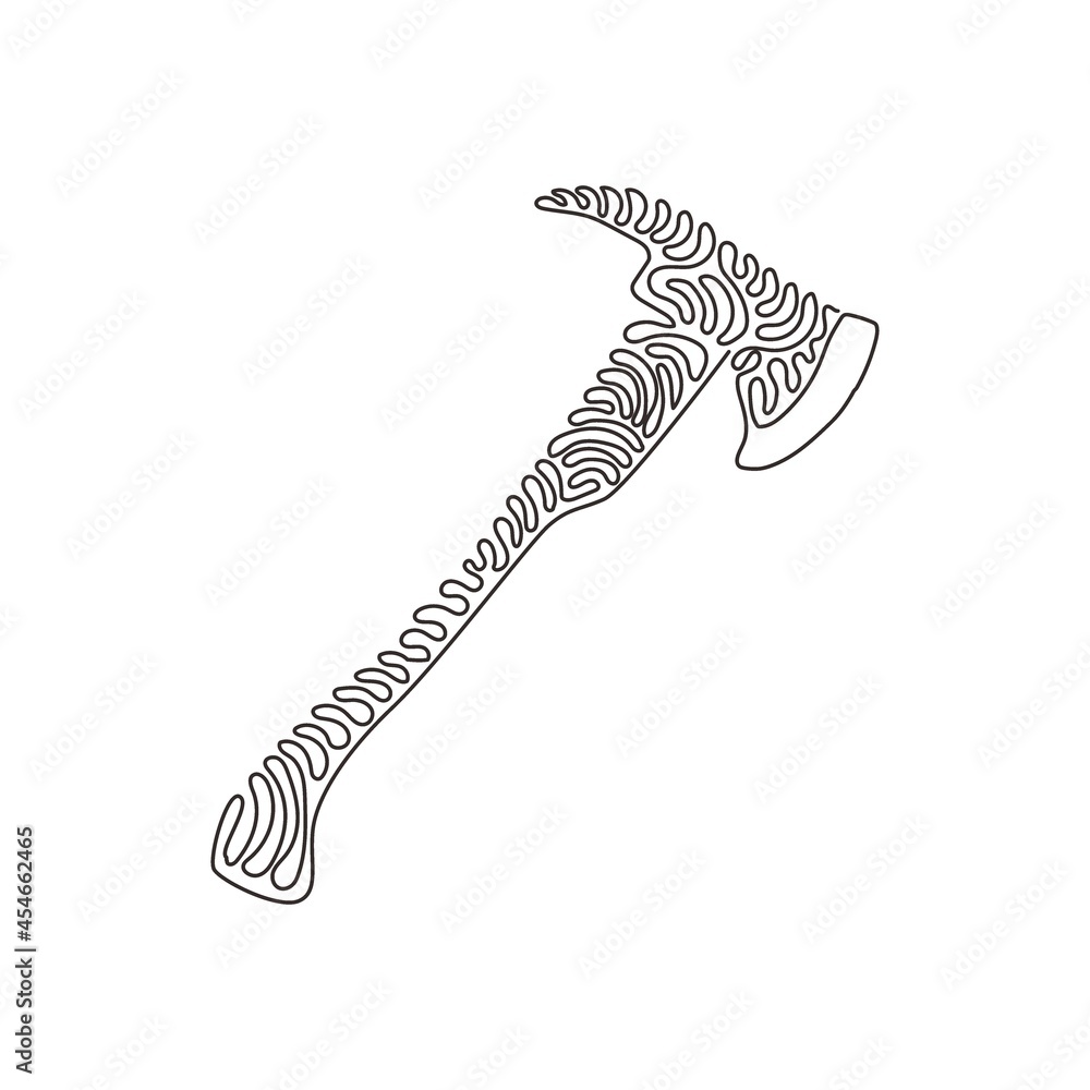 Poster single one line drawing red fire axe icon. firefighter ax. fire extinguishing equipment. professiona
