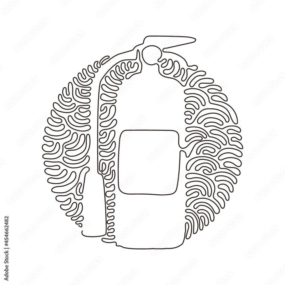 Poster single one line drawing red fire extinguisher protection with nozzle. portable fire equipment from f