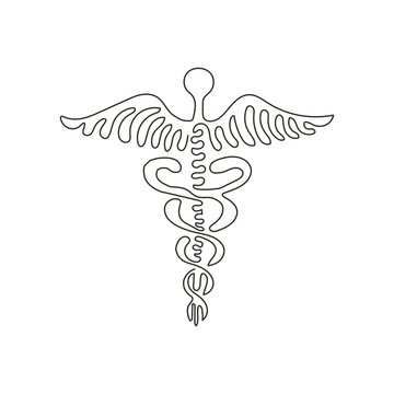 Single one line drawing Caduceus - medical center, pharmacy, hospital with popular symbol of medicine. Medical logo. Swirl curl style. Modern continuous line draw design graphic vector illustration