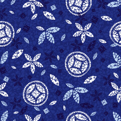 Vector blue shibori quilt abstract flower and round circle seamless pattern with terrazzo background 03. Suitable for textile, gift wrap and wallpaper.