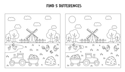 Find 5 differences between two pictures of black and white farm landscape.