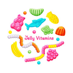  Sweet jelly vitamins candy set on a white isolated background. Fish, bear, pineapple, worm various shapes. Healthy sweets. Vector cartoon illustration. Vector illustration.