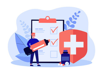 Registration of medical insurance flat vector illustration. Tiny man marking items on giant list of conditions, fulfillment of medical orders with marker. Medicine, insurance, health concept