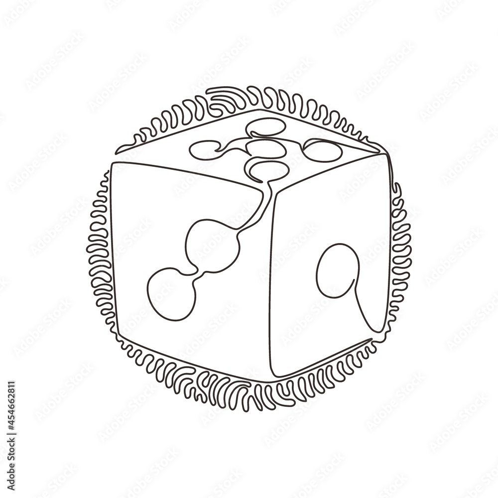 Poster continuous one line drawing dice. dice with white dots. dice cube, casino game. stay home for hobby 
