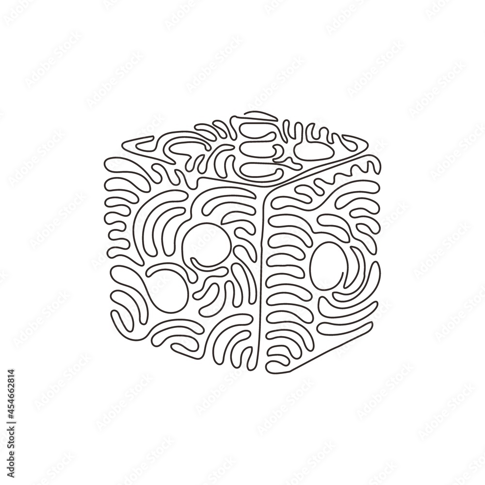 Poster single continuous line drawing dice. dice with white dots. dice cube, casino game. cute outline cube
