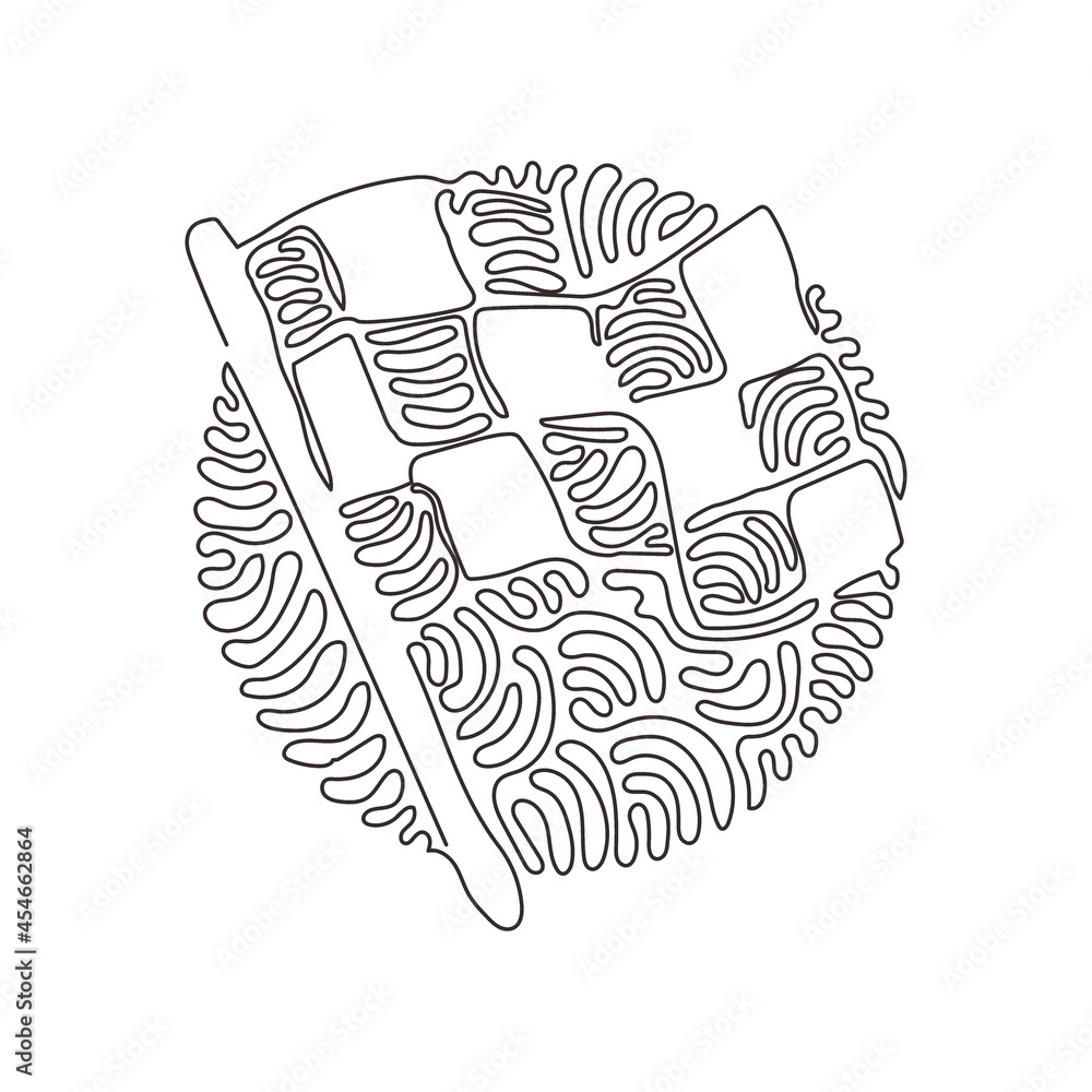 Poster single continuous line drawing flag icon. racing sign. checkered racing flag. black and white flag. 