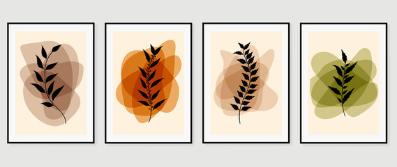 Botanical wall art vector set. Foliage line art drawing with abstract shape.  Abstract Plant Art design for print, cover, wallpaper, Minimal and  natural wall art. Vector illustration.