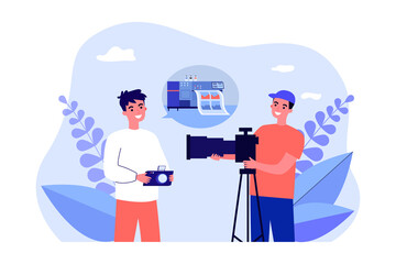 Photographers discussing high-tech image printing. Flat vector illustration. Two young men with cameras talking about photo business. Photography, hobby, printing concept for design or landing page