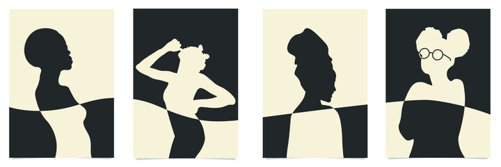 set faces and hair style, fashion concept, woman beauty minimalist, vector illustration of colorful abstract background forest fern eucalyptus