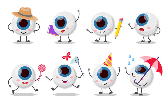 Set of cute, funny eyeball character. Cartoon vector illustration. Human organ of vision in various images, in hat, with pencil, catching butterflies, enjoying rain. Health care, eyesight concept