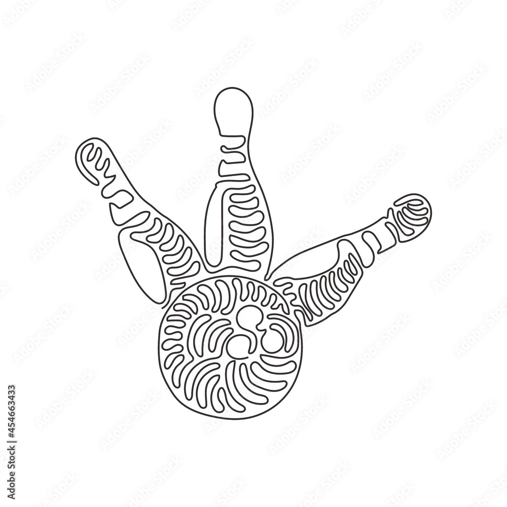 Poster single continuous line drawing bowling ball and pins. sports equipment. bowling ball crashing into p