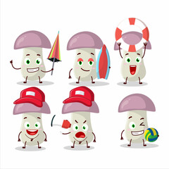 Happy Face rough mushroom cartoon character playing on a beach