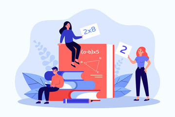 Young people studying mathematics flat vector illustration. Tiny women and man sitting on giant books, textbooks on algebra, geometry, mathematical analysis. Mathematics, science, education concept