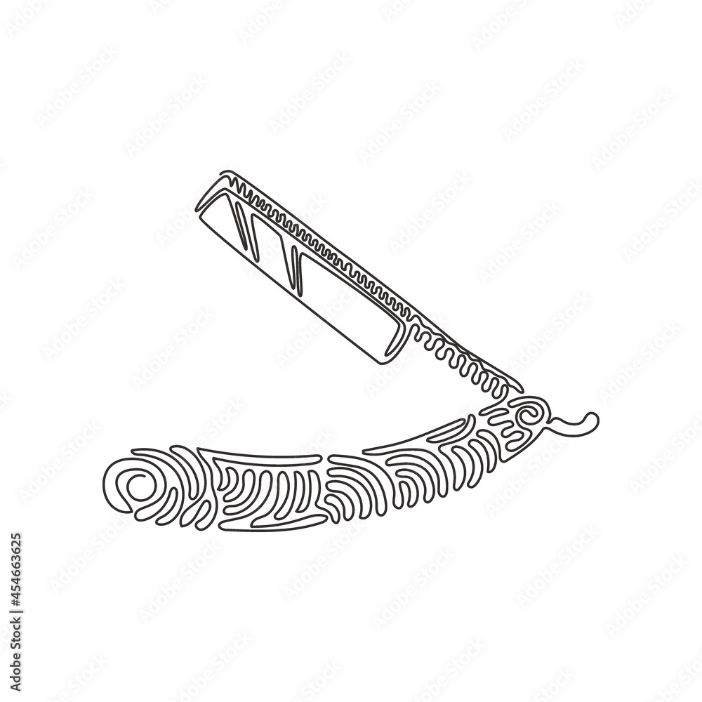 Poster single continuous line drawing shaving razor. realistic illustration of straight razor with handle a