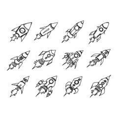 Rocket Doodle vector icon set. Drawing sketch illustration hand drawn line eps10