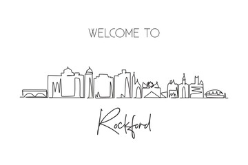 Obraz premium Continuous one line drawing Rockford city skyline, Illinois. Beautiful landmark. World landscape tourism travel wall decor poster print art. Stylish single line draw graphic design vector illustration