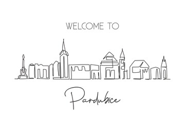 Single one line drawing Pardubice city skyline, Czech Republic. World historical town landscape. Best holiday destination postcard print art. Trendy continuous line draw design vector illustration