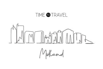 Single continuous line drawing Midland city skyline, Texas. Famous city scraper landscape. Beauty world travel home wall decor art poster print concept. Modern one line draw design vector illustration