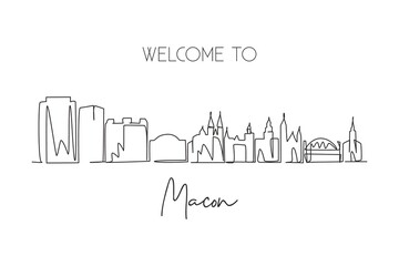 Single one line drawing Macon city skyline, Georgia. World historical town landscape. Best holiday destination postcard. Editable stroke trendy continuous line draw design graphic vector illustration - obrazy, fototapety, plakaty